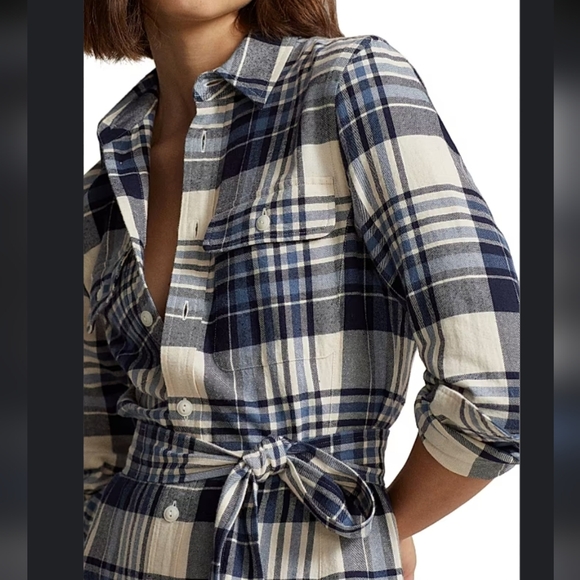 Polo Ralph Lauren Plaid Cotton Twill Shirtdress Maxi Dress 0 Blue White - Picture 3 of 12